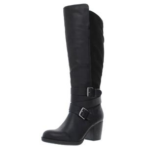 Tall Black Moto Pu Leather Sliver Buckle Stacked Heel Boot Size 10